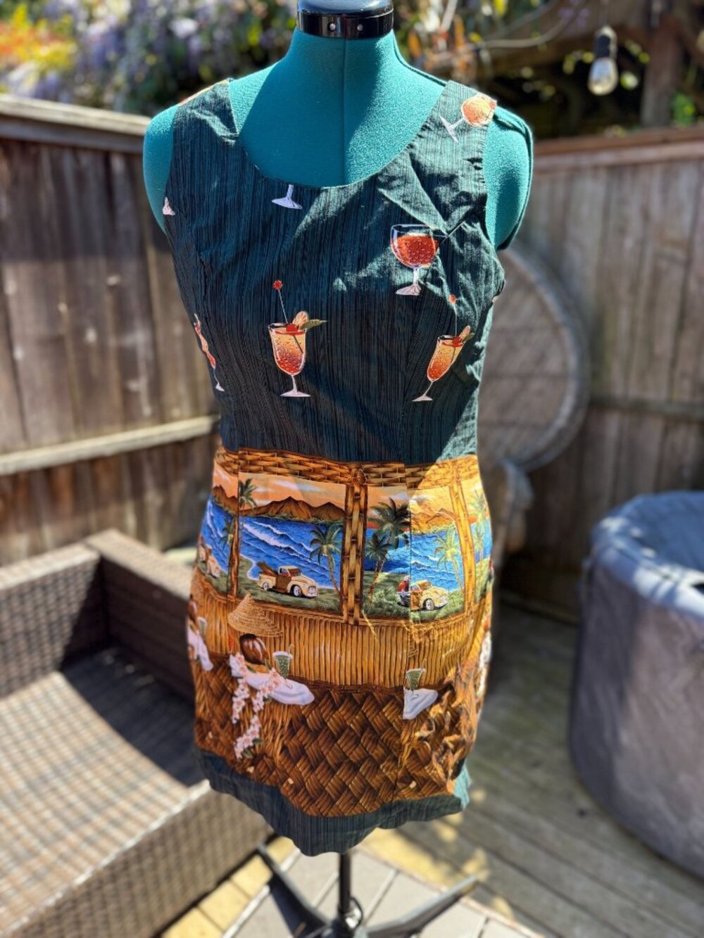 Vintage Hawaiian Colorful Cotton Tiki Drink Tank Mini Dress LG